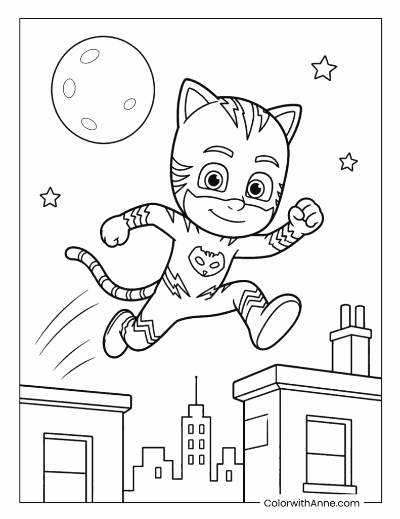 Catboy Jumping Across the Rooftops Coloring Page