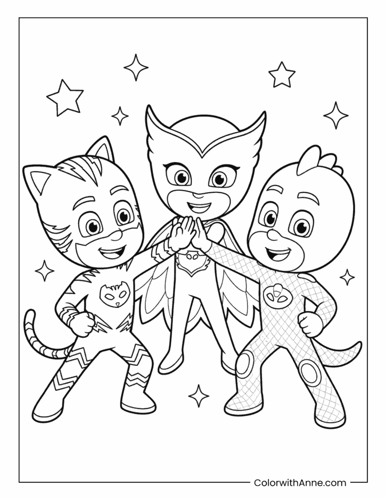 Catboy, Owlette and Gekko Team High-Five Coloring Page