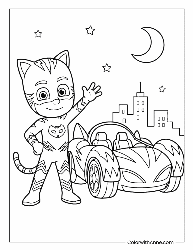 Catboy Standing Beside the Cat-Car Coloring Page