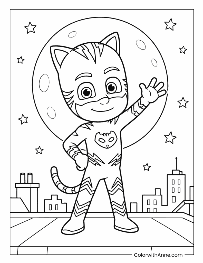 Catboy Waving on a Rooftop Under the Full Moon Coloring Page