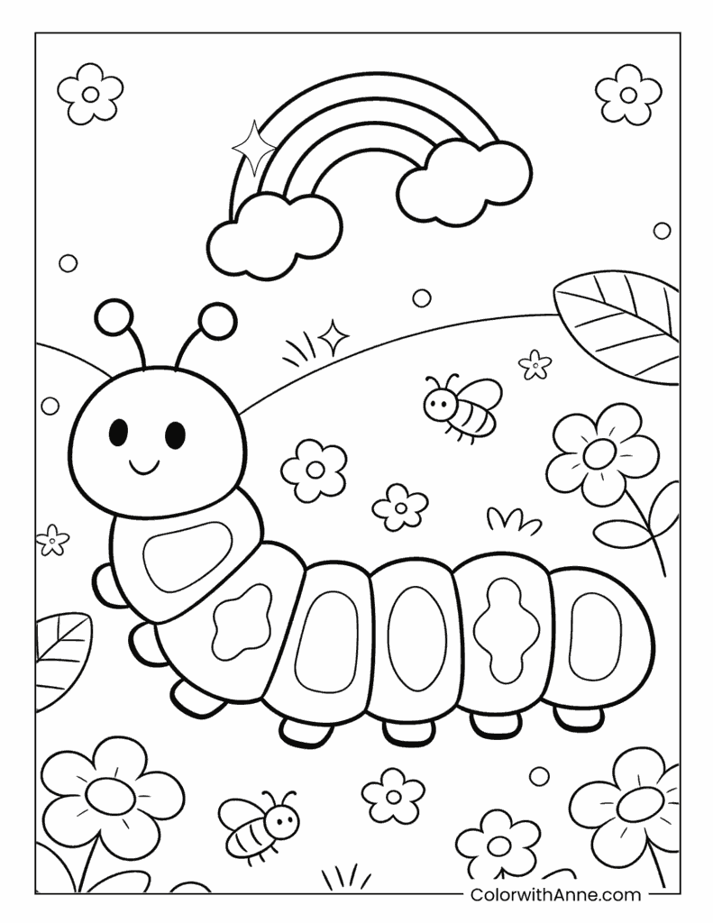 Caterpillar Under a Rainbow with Bees and Flowers Coloring Page