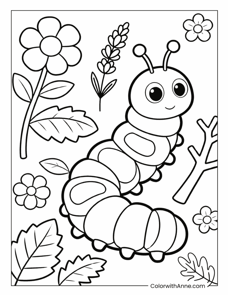 Caterpillar in a Garden with Plants and Flowers Coloring Page
