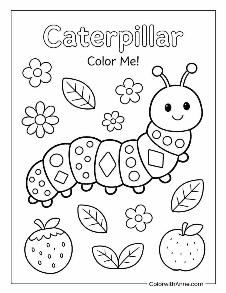 Caterpillar with Fruits and Flowers Coloring Page