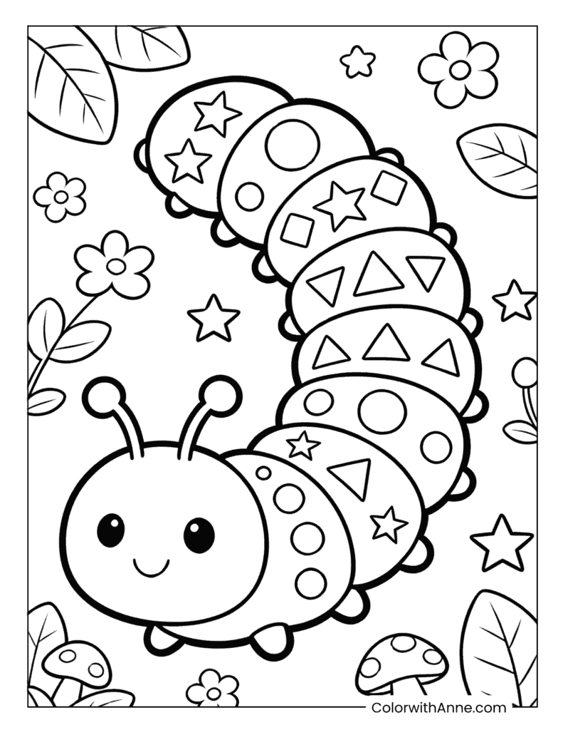 Caterpillar with Star Patterns and Mushrooms Coloring Page