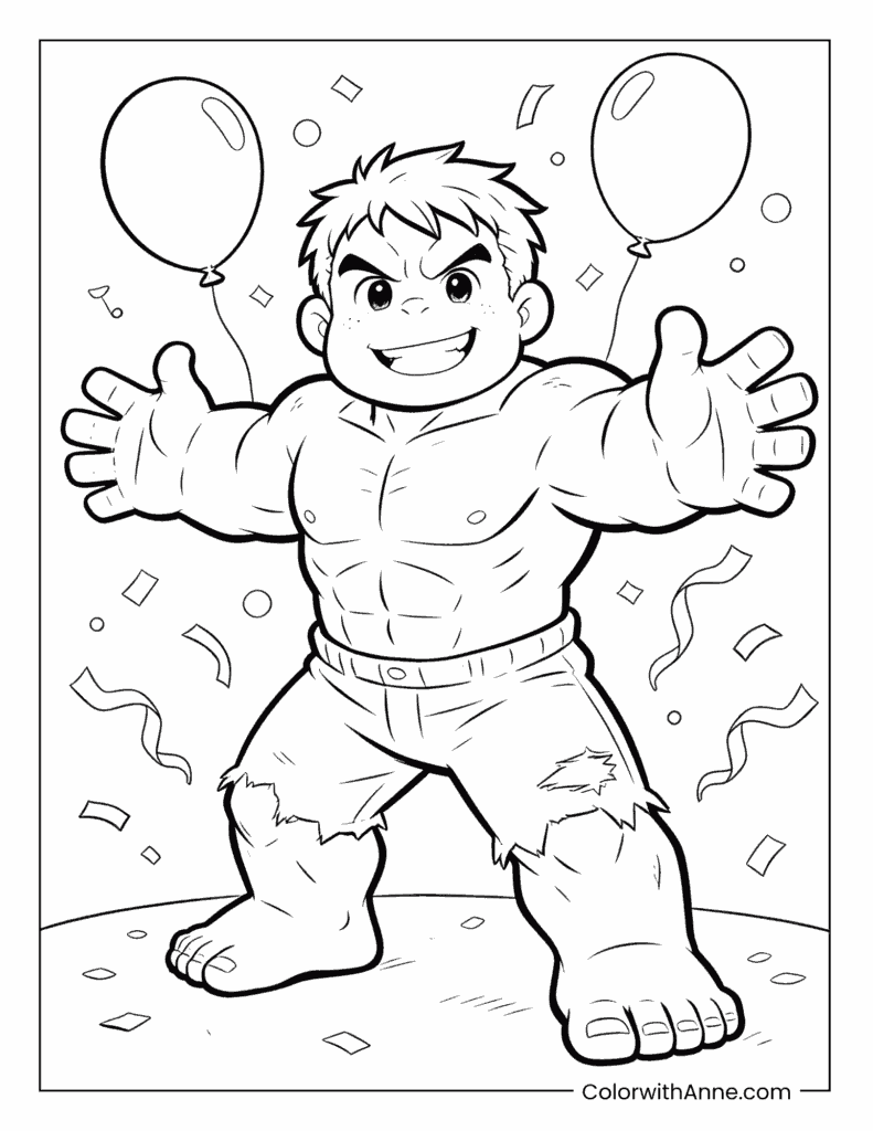 Celebrating Hulk with Confetti and Streamers Coloring Page