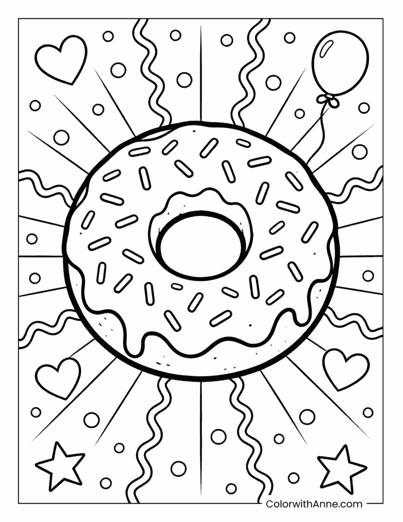 Celebration Donut with Balloon and Streamers Coloring Page