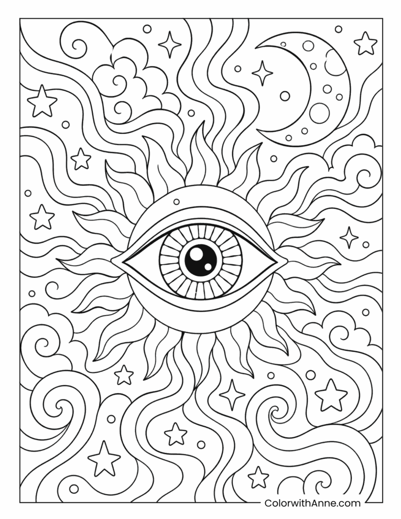 Celestial All Seeing Eye Sun Moon Stars Trippy Coloring Page