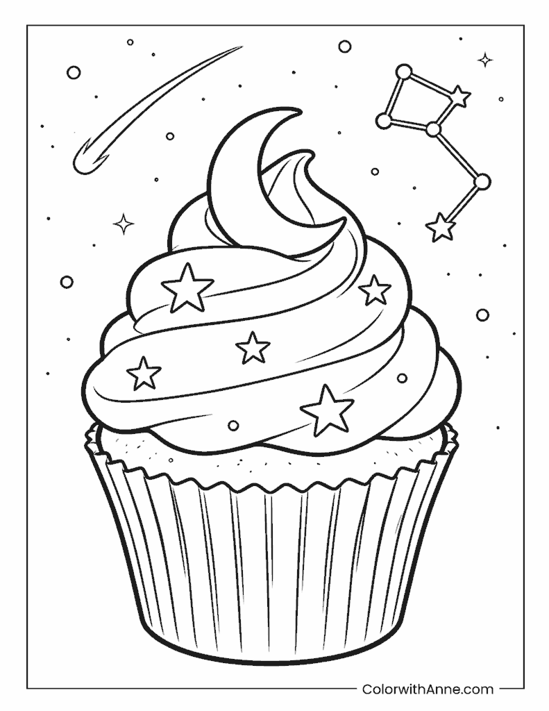 Celestial Cupcake with Stars and Meteor Coloring Page