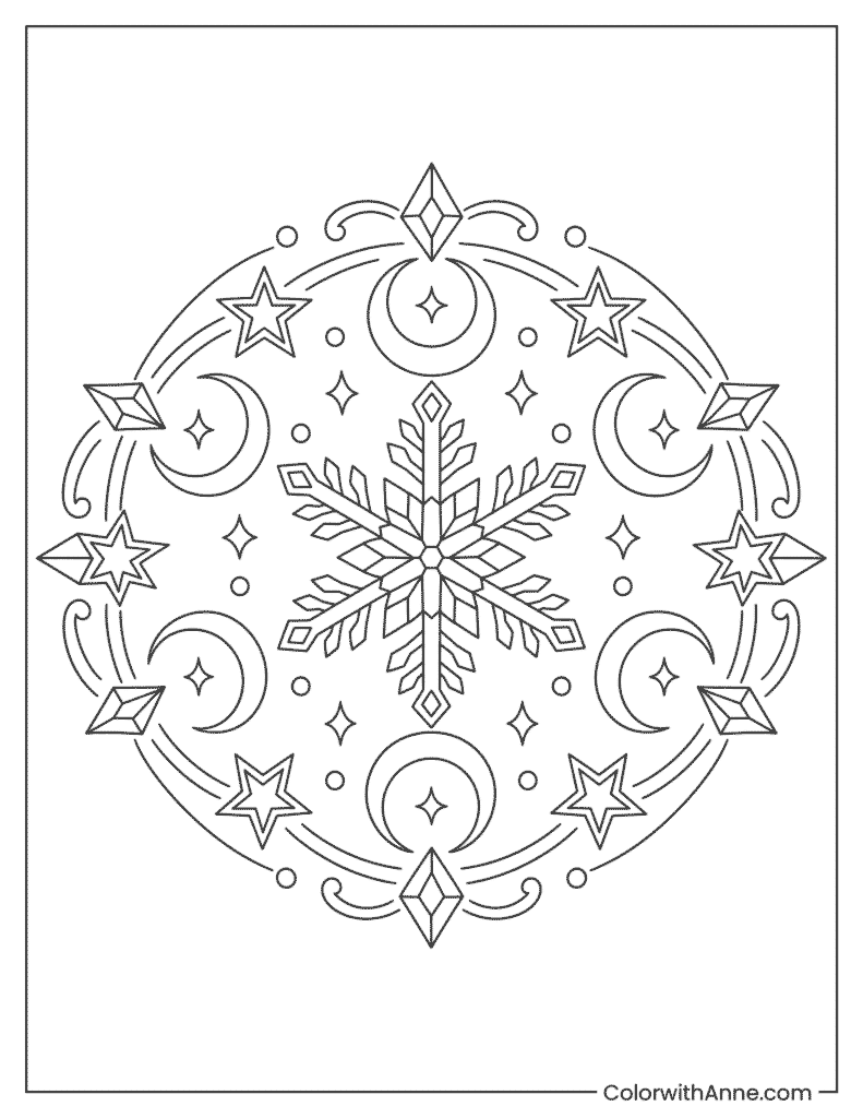 Celestial Snowflake Mandala Coloring Page