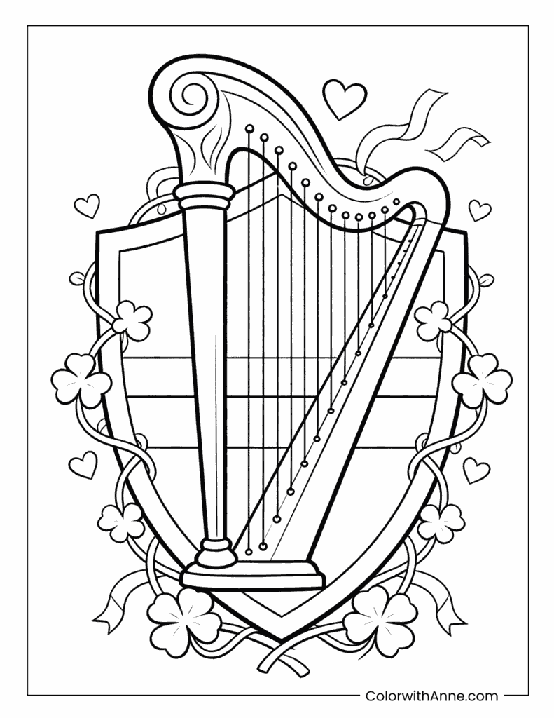 Celtic Harp Shamrock 4th of July Coloring Page