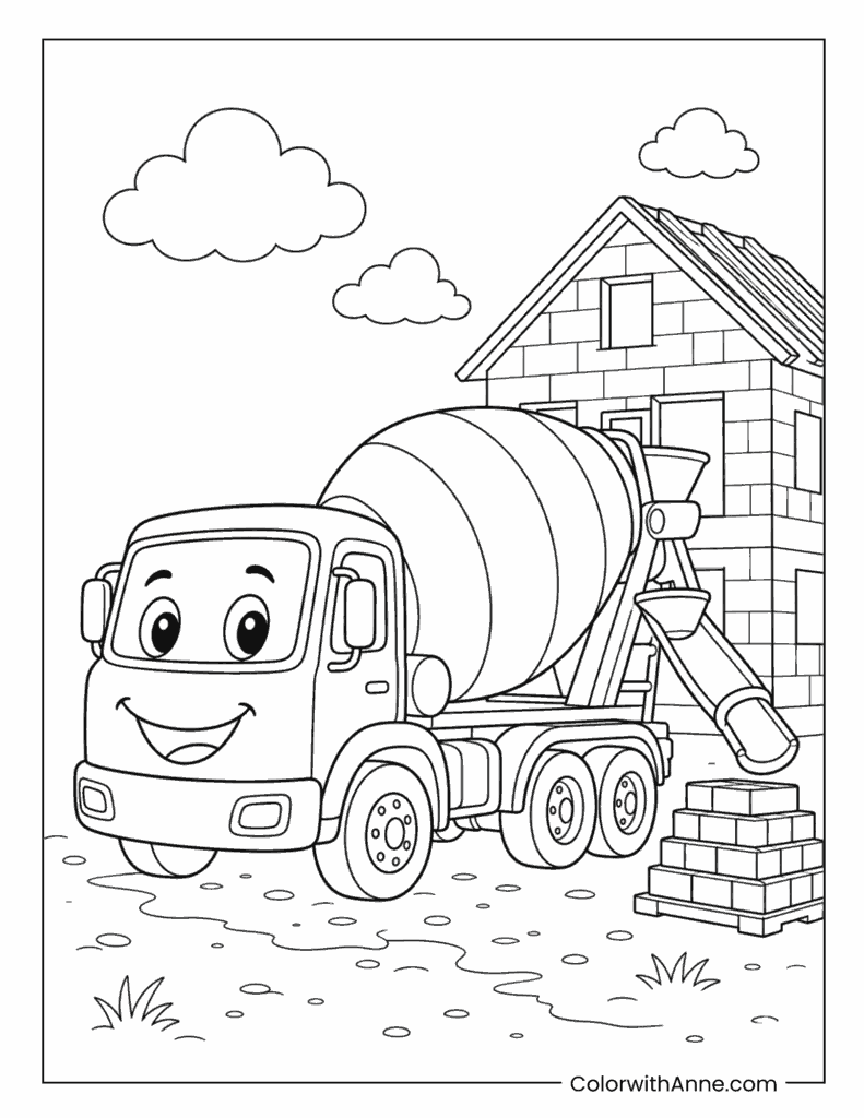 Cement Mixer Truck At House Construction Site Coloring Page