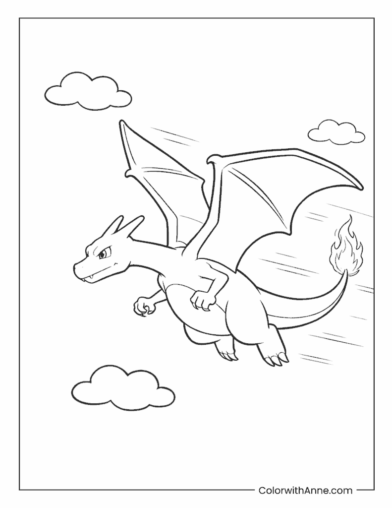 Charizard Soaring Through the Clouds Coloring Page
