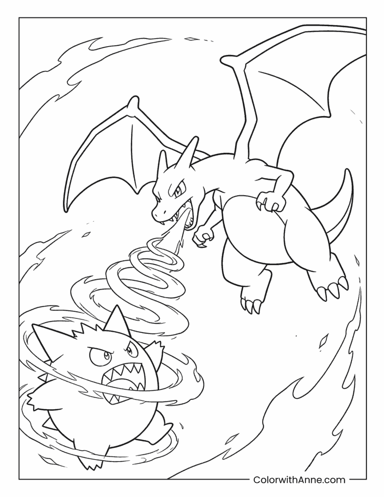 Charizard and Gengar Fire Battle Coloring Page