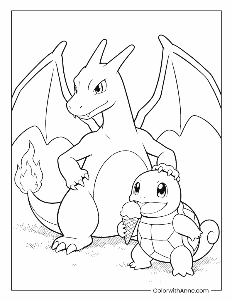 Charizard and Squirtle with an Ice Cream Cone Coloring Page