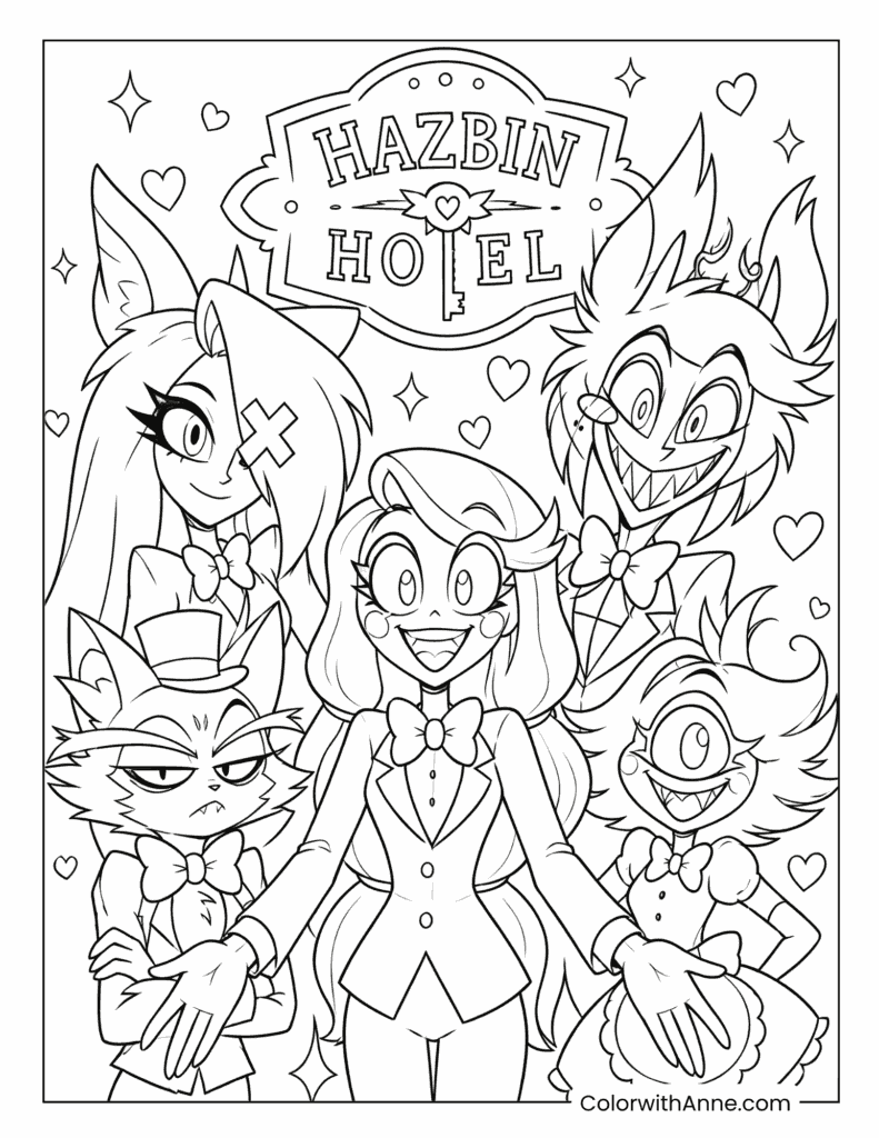 Charlie, Vaggie, Alastor, Husk and Niffty Group Coloring Page