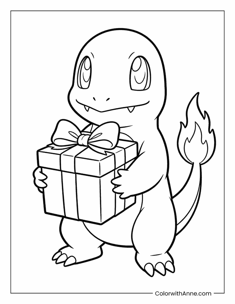 Charmander Holding a Gift Box Coloring Page