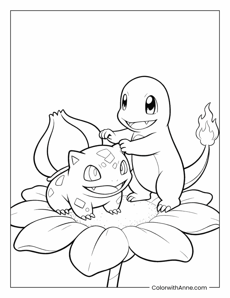Charmander and Bulbasaur on a Flower Coloring Page