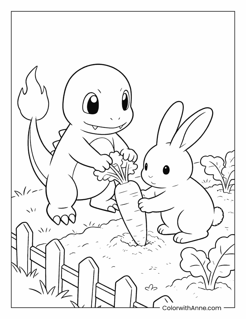Charmander and Bunny Sharing a Carrot Coloring Page