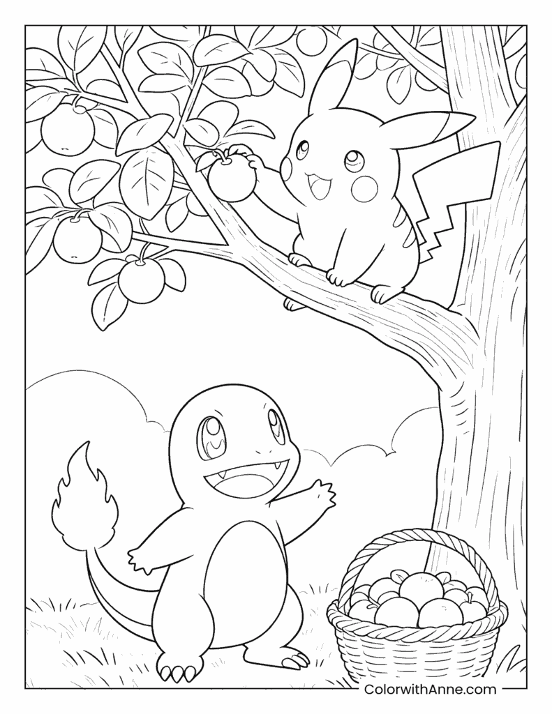 Charmander and Pikachu Picking Fruit Coloring Page