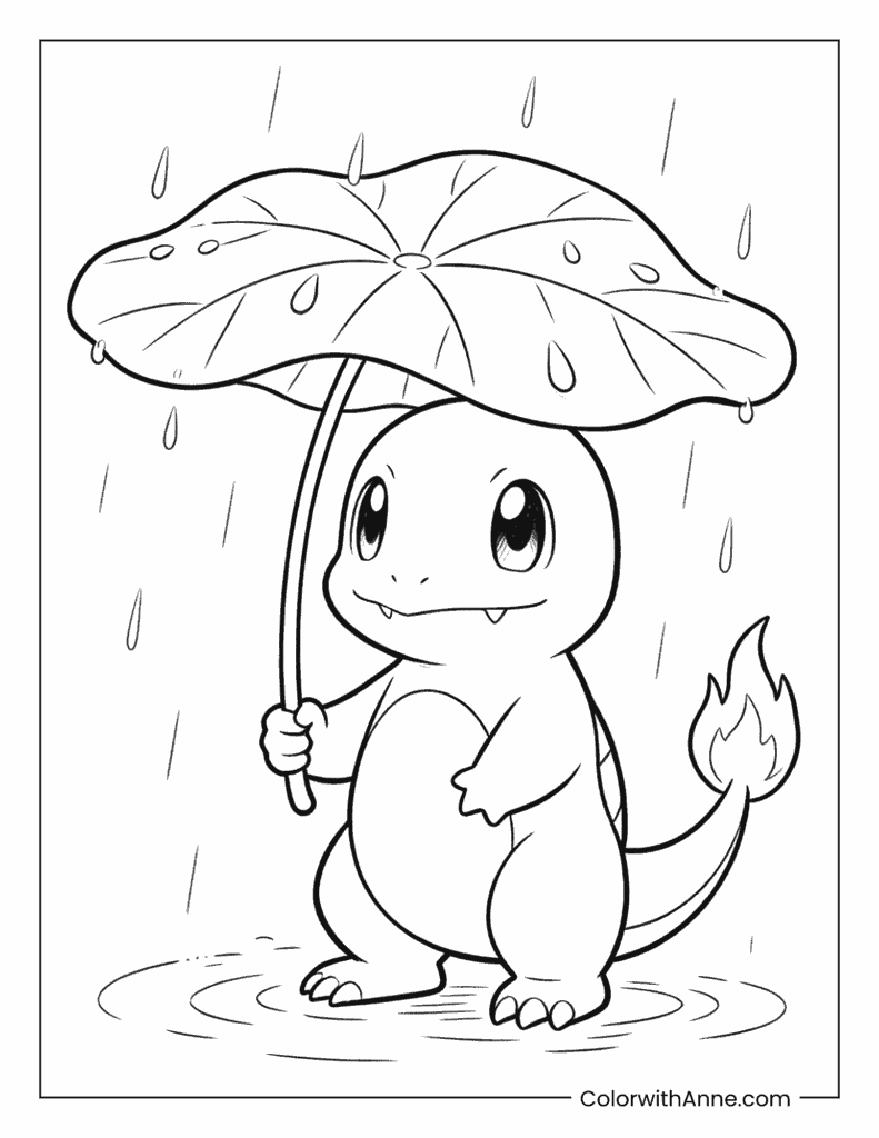 Charmander in the Rain Coloring Page
