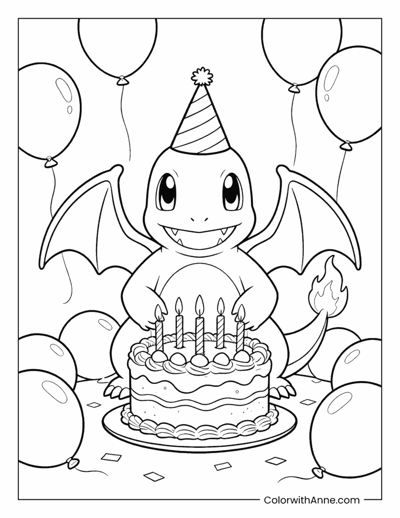 Charmander with a Birthday Cake Coloring Page
