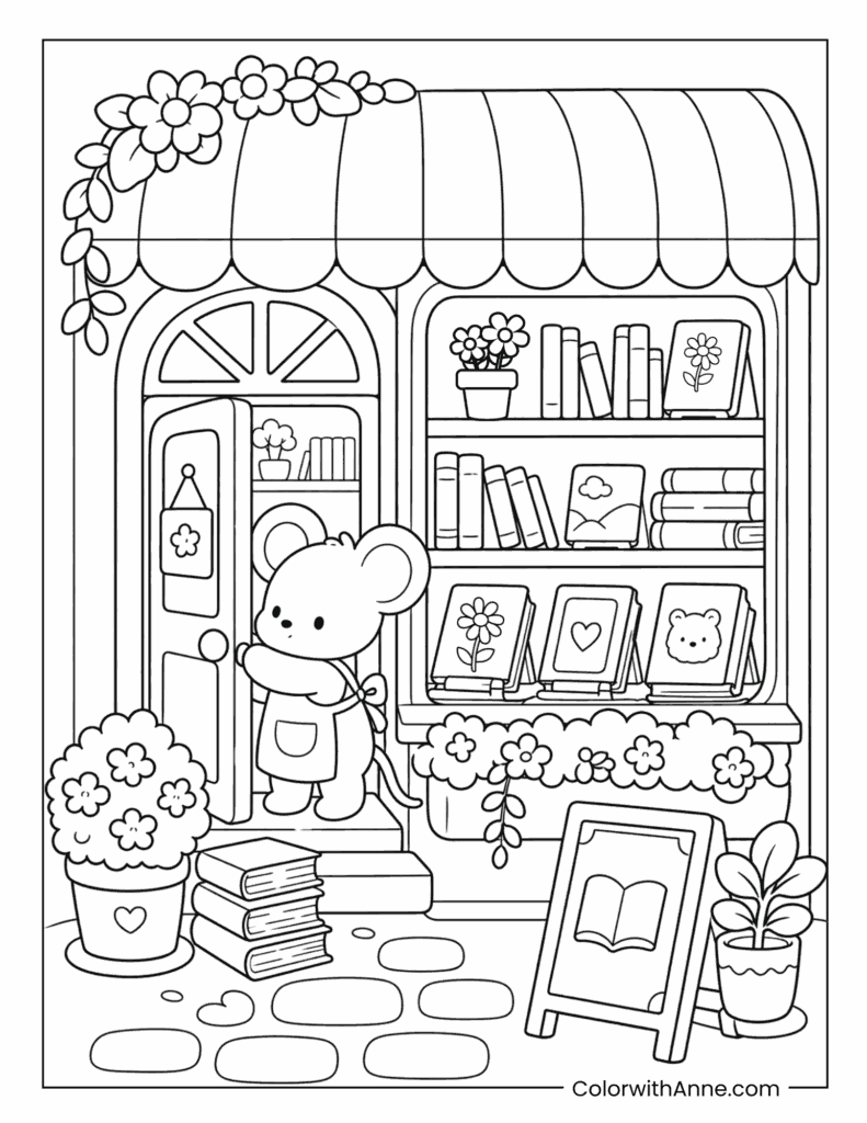 Charming Little Bookshop Mouse Coloring Page