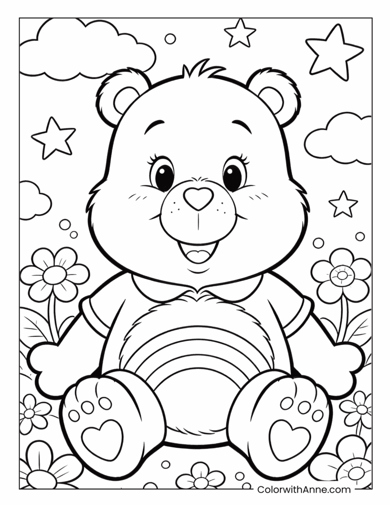 Cheer Bear Sitting with Flowers and Stars Coloring Page