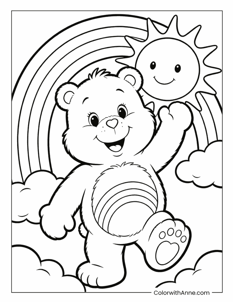 Cheer Bear Waving with Sunshine Coloring Page