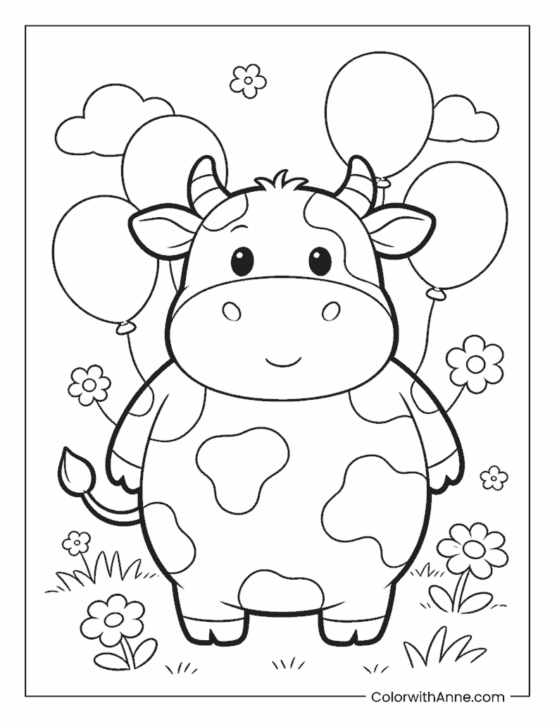 Cheerful Cow with Balloons Coloring Page