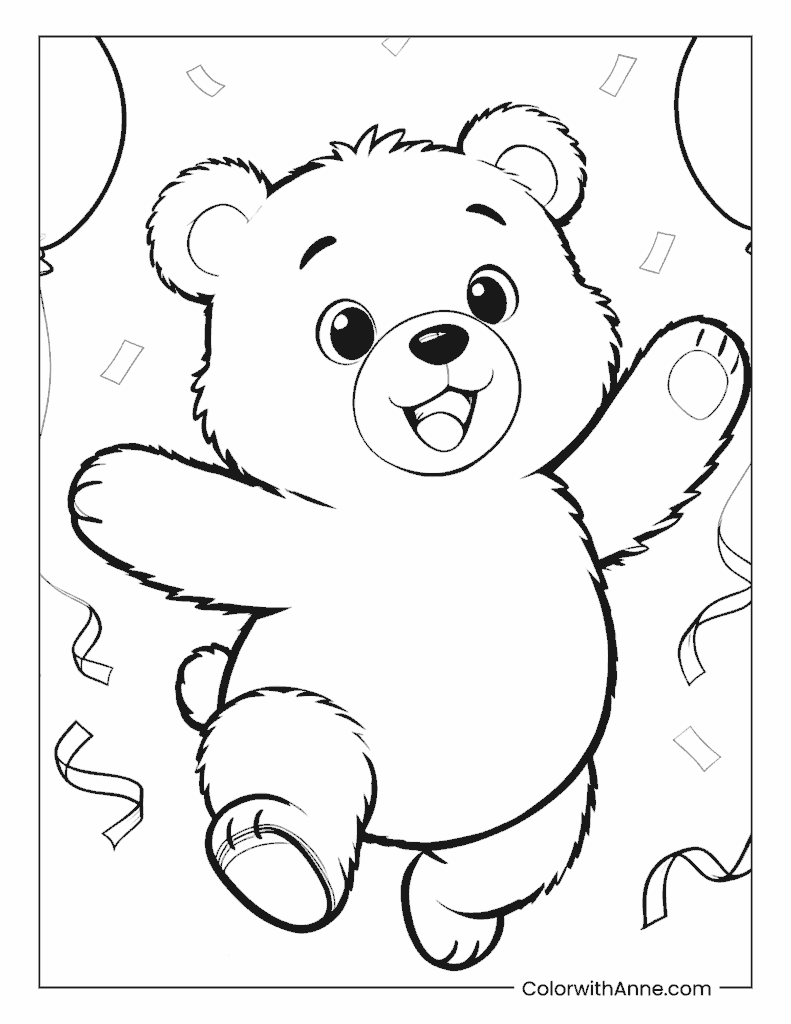 Cheerful Teddy Bear with Balloons and Streamers Coloring Page