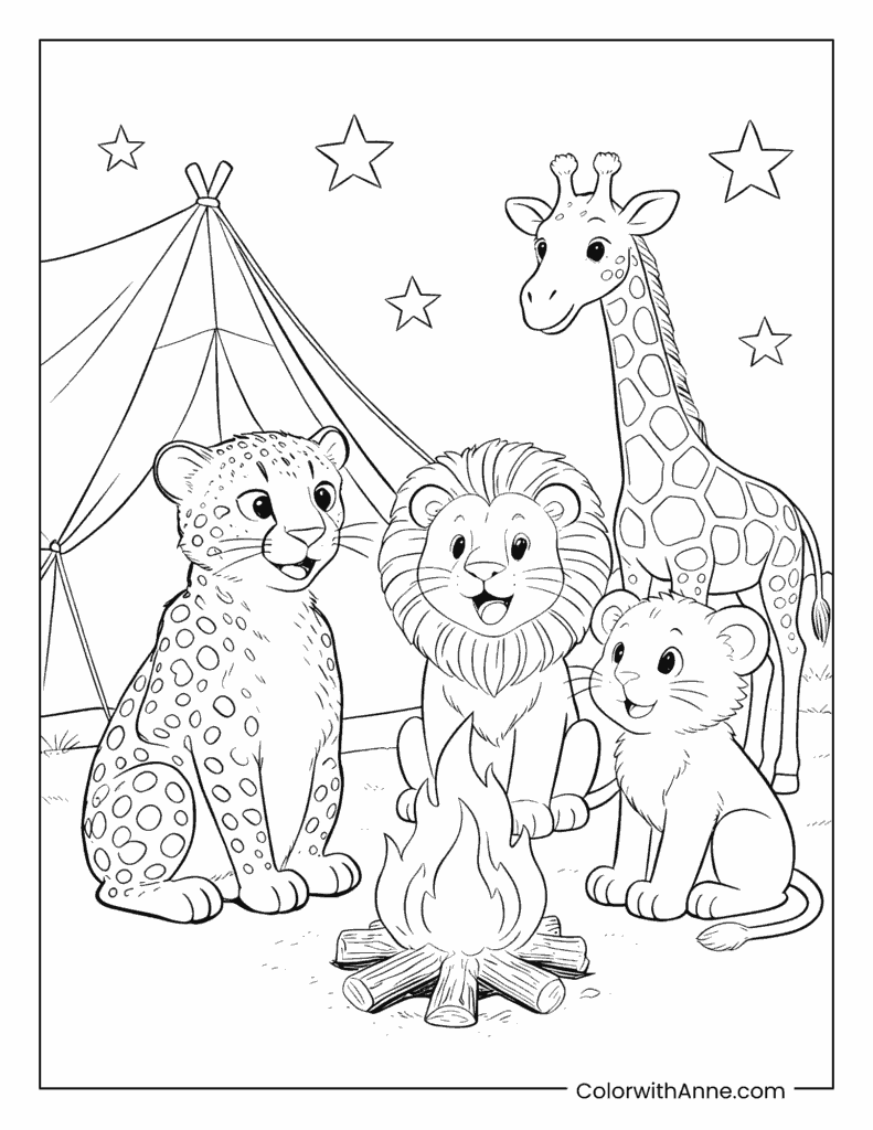 Cheetah, Lion, and Giraffe at a Campfire Coloring Page