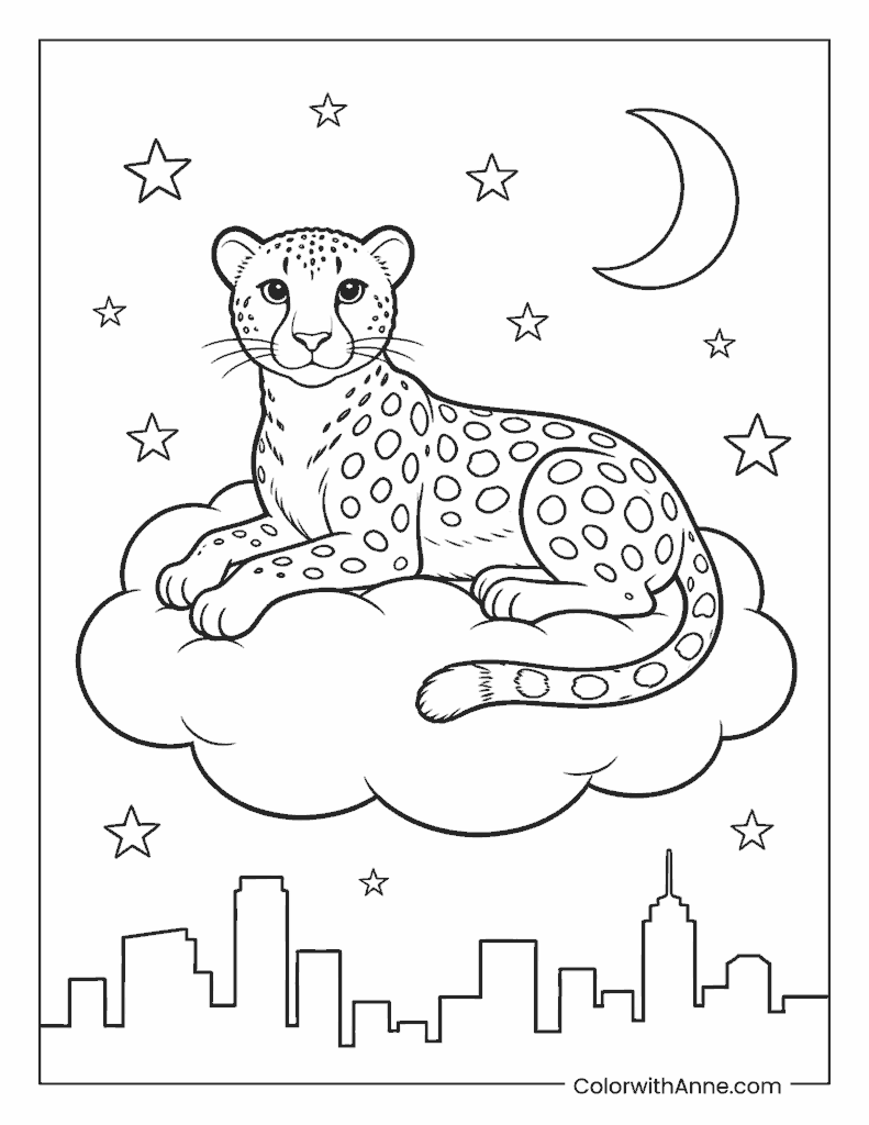 Cheetah Resting on a Cloud Above the City Coloring Page
