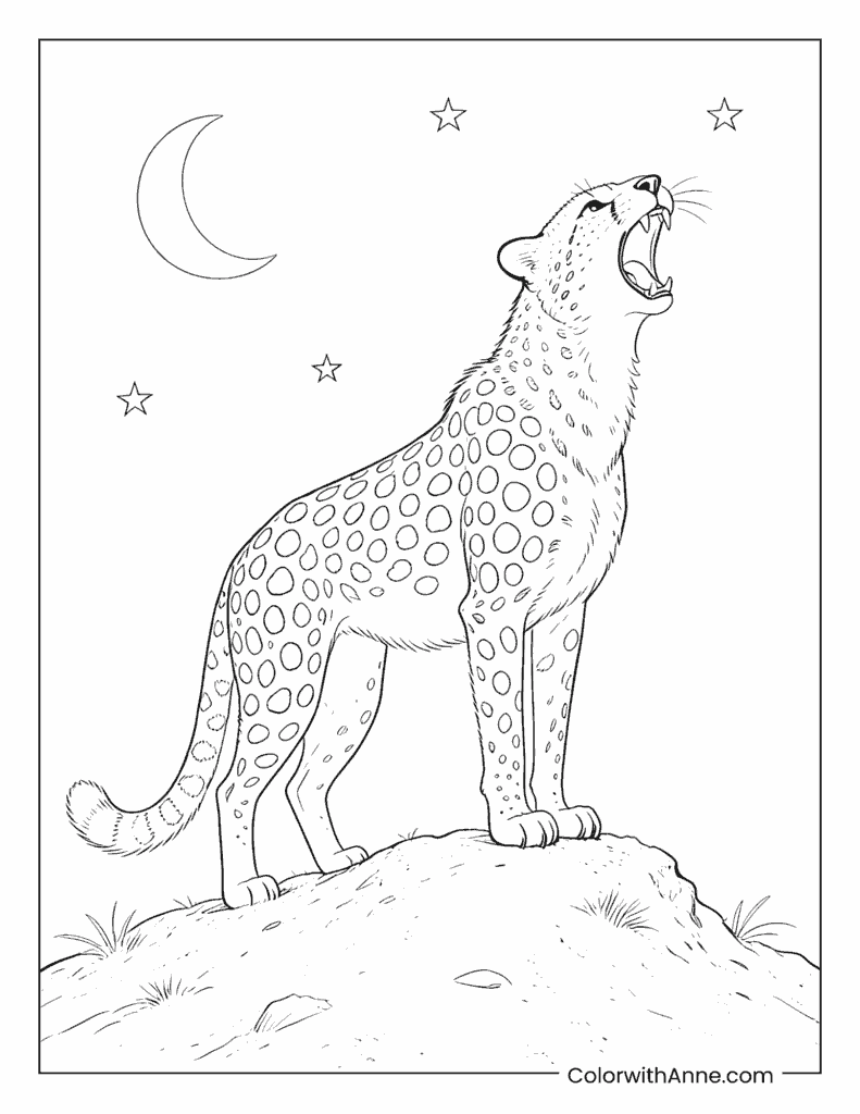 Cheetah Roaring at the Moon Coloring Page