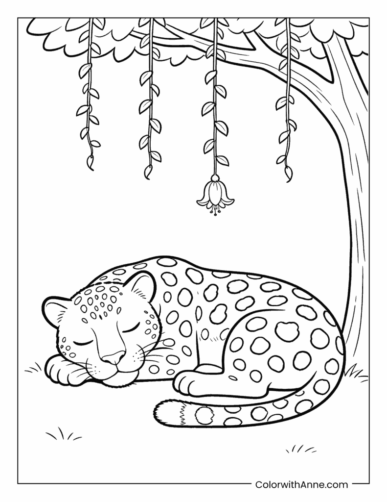 Cheetah Sleeping Under a Tree Coloring Page