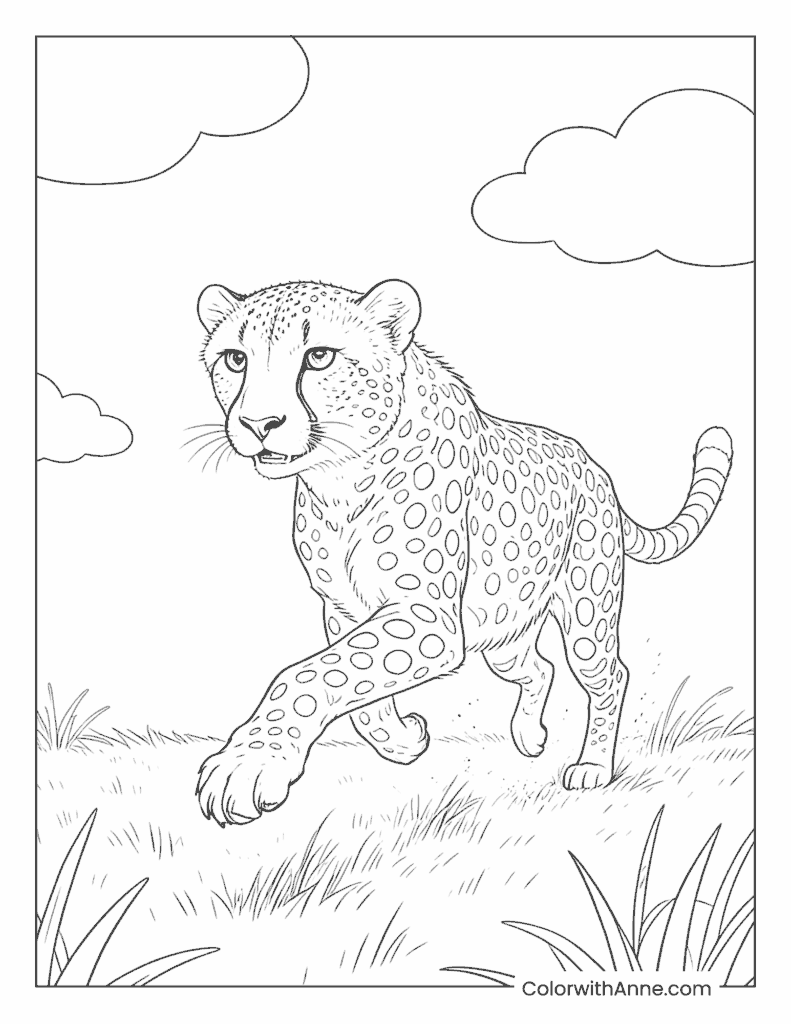 Cheetah Walking on the Grassland Coloring Page