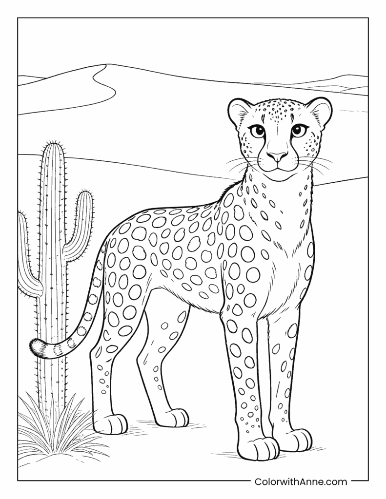Cheetah in the Desert with a Cactus Coloring Page