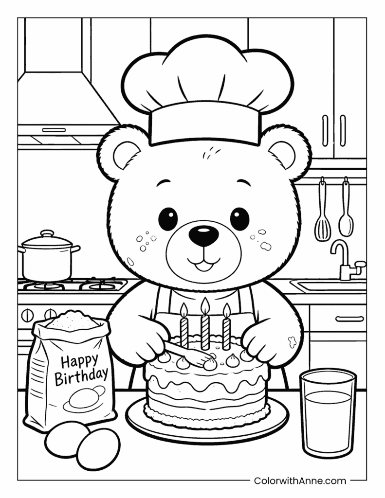 Chef Bear Cutting Birthday Cake Coloring Page