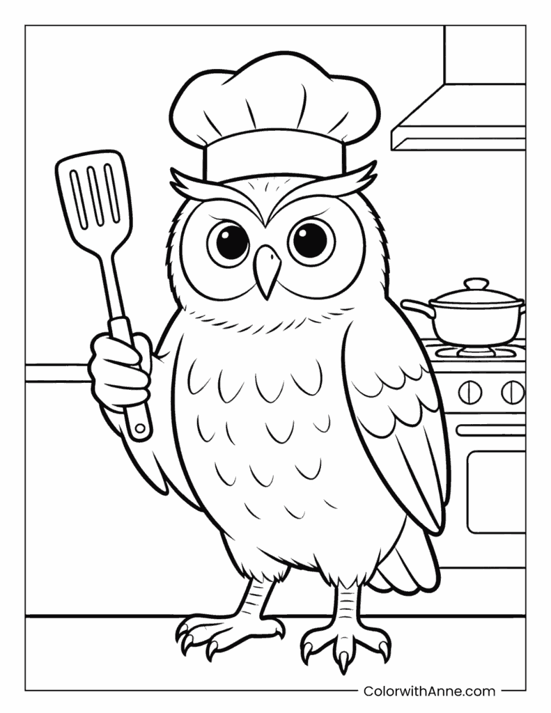 Chef Owl Cooking in the Kitchen Coloring Page