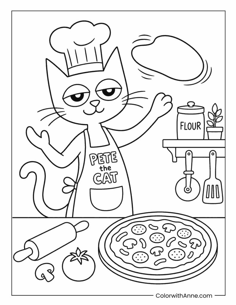 Chef Pete the Cat Making Pizza Coloring Page