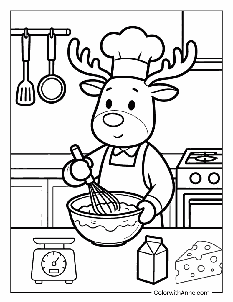 Chef Rudolph Cooking in the Kitchen Coloring Page