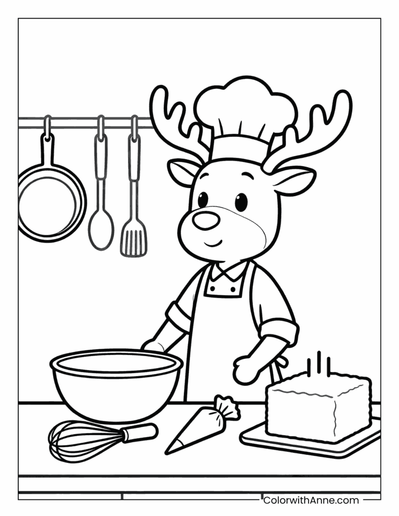 Chef Rudolph Decorating a Cake Coloring Page