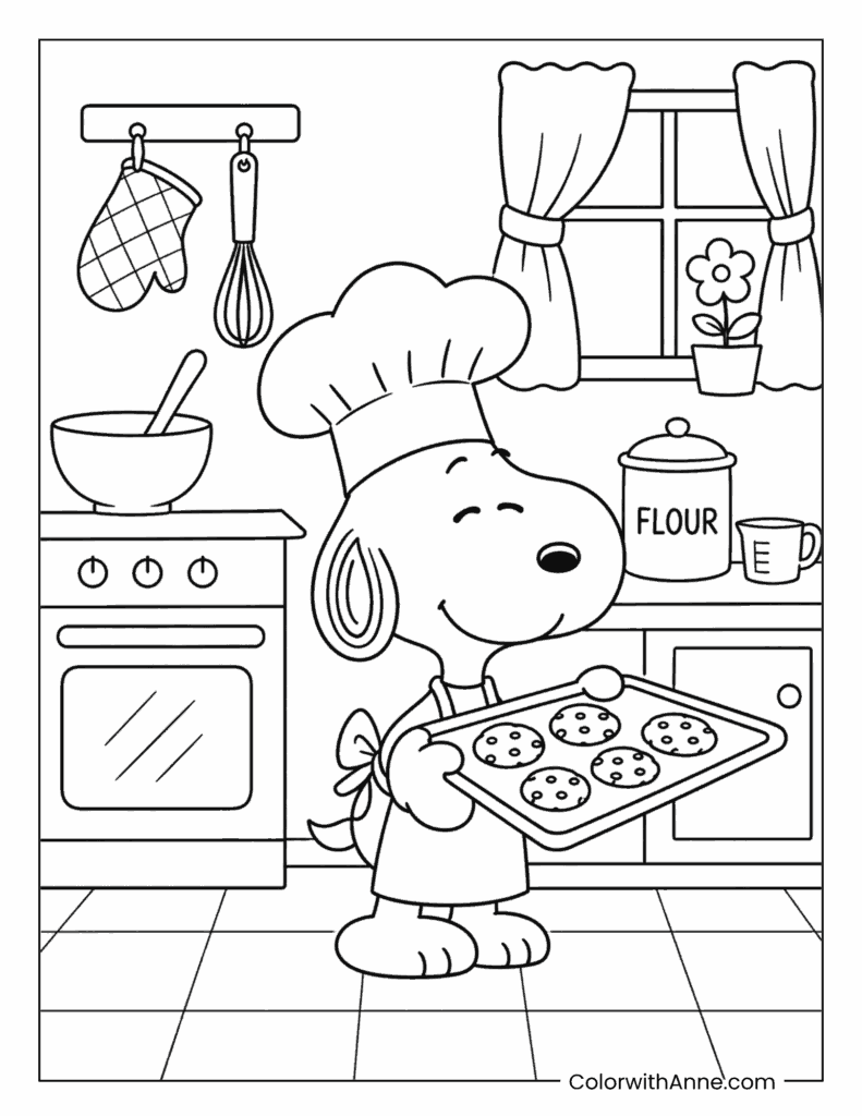 Chef Snoopy Baking Fresh Cookies in the Kitchen Coloring Page