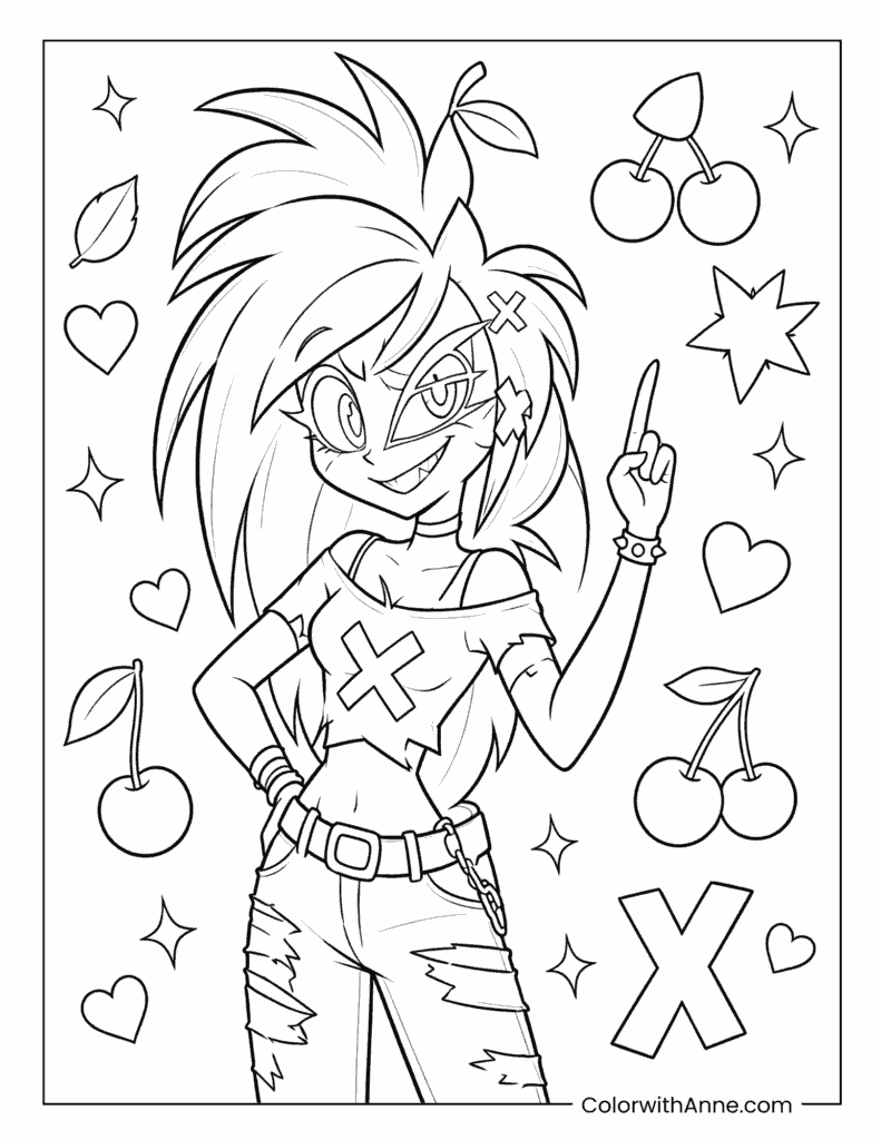 Cherri Bomb with Cherries and Hearts Coloring Page