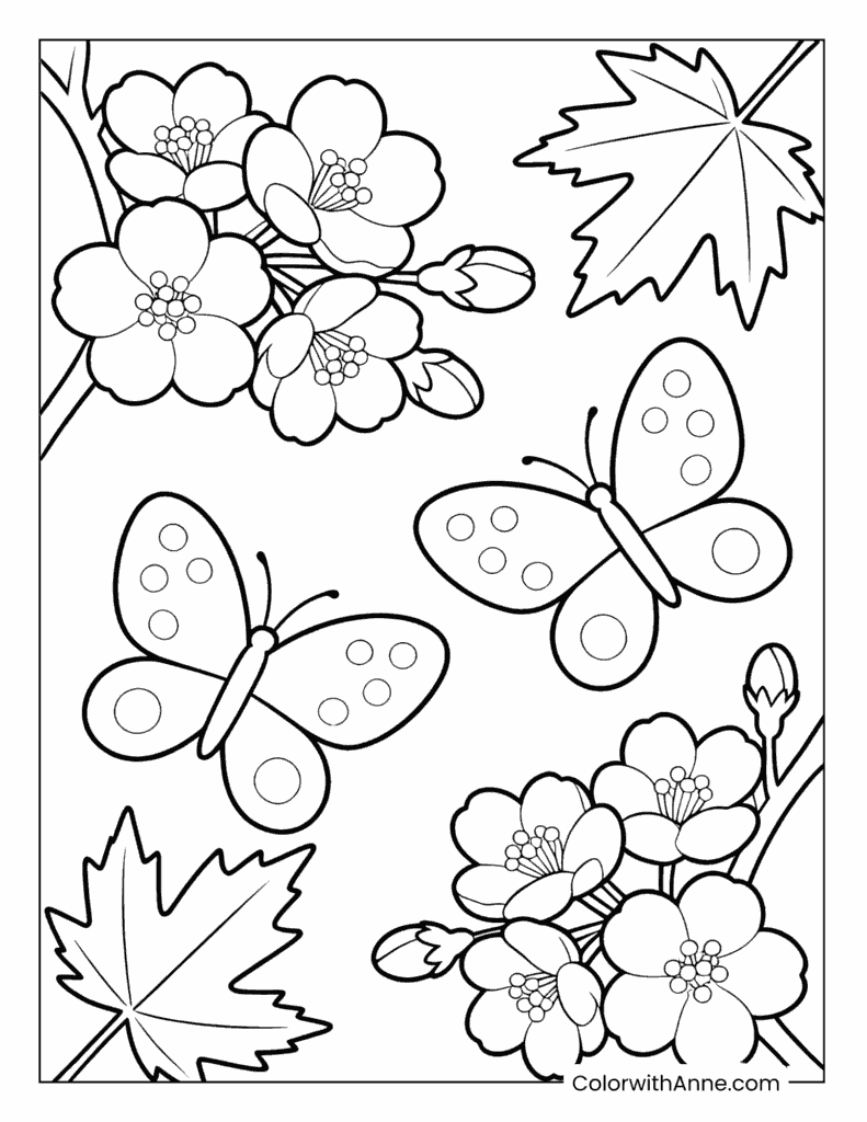 Cherry Blossoms, Maple Leaves, and Butterflies Spring Coloring Page