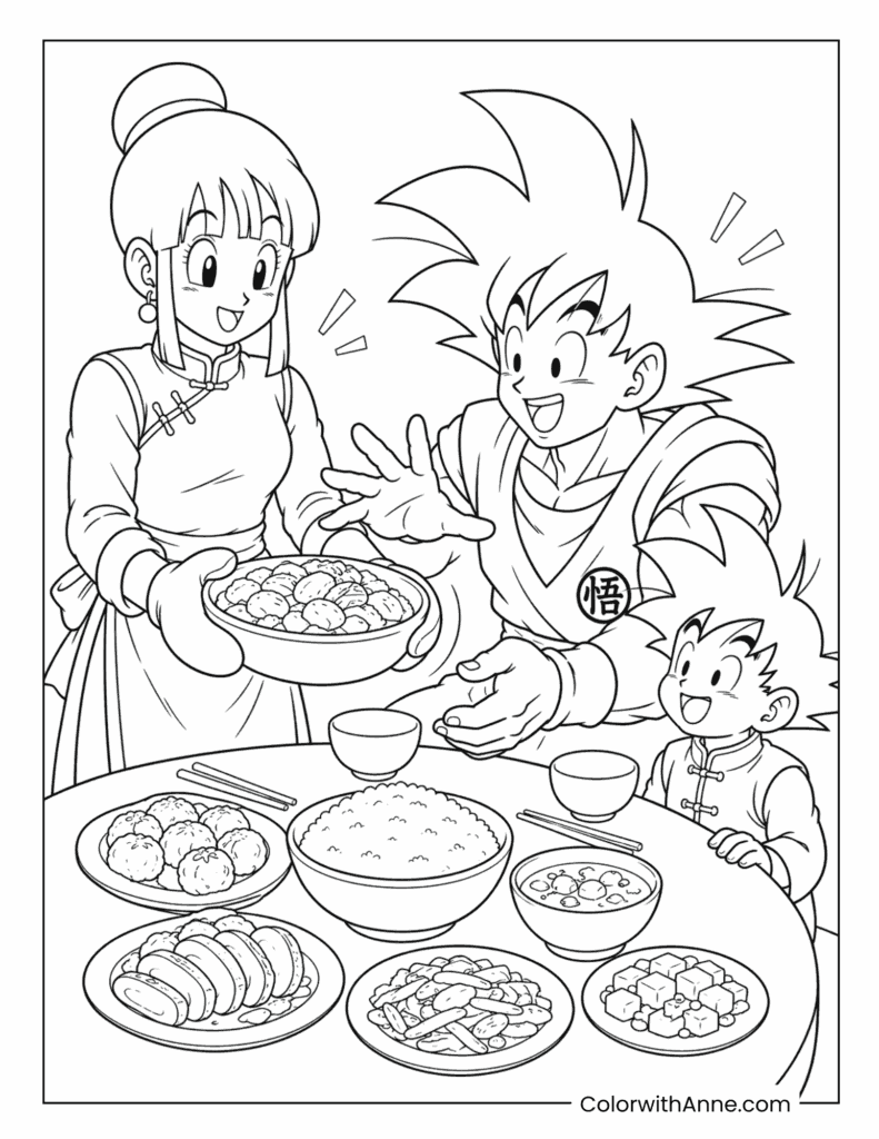 Chi-Chi Serving Dinner to Goku and Gohan Coloring Page