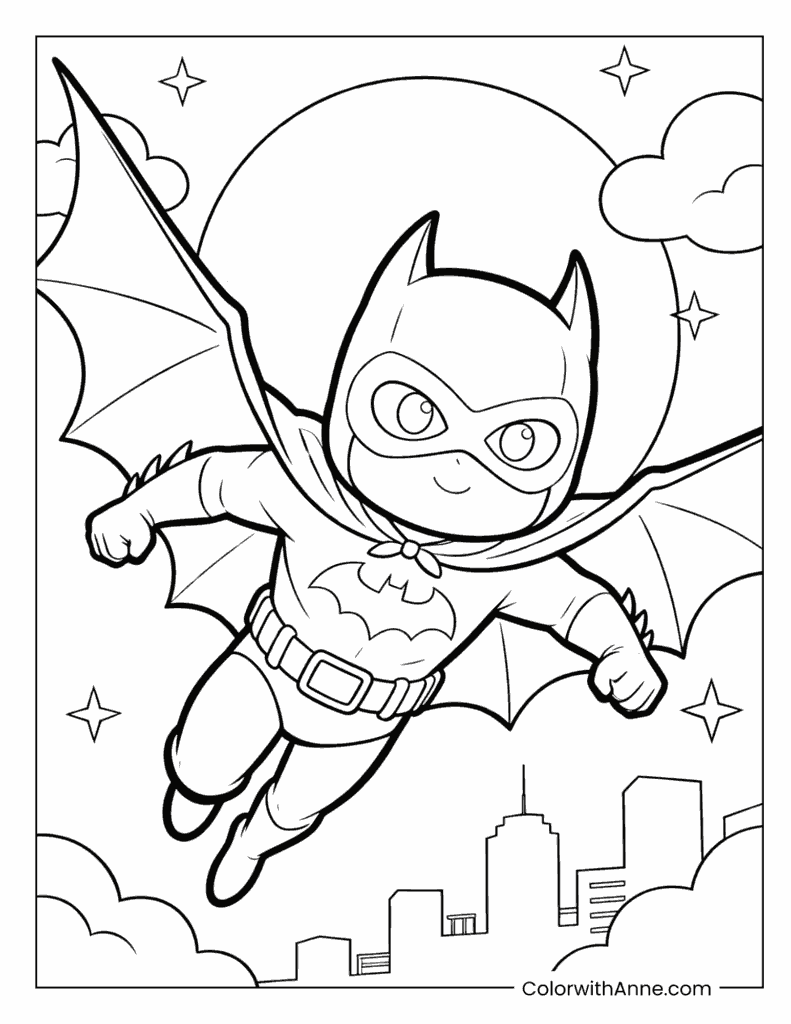 Chibi Batman Flying Over the City Coloring Page