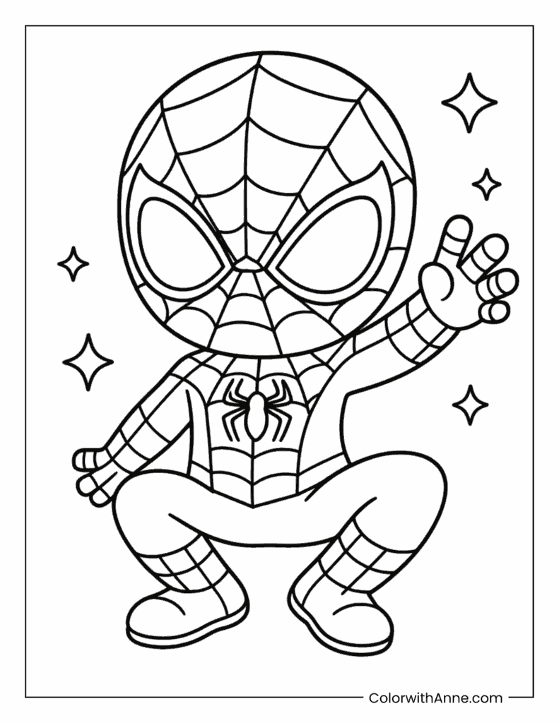 Chibi Spider Man Waving Beside Sparkling Stars Coloring Page