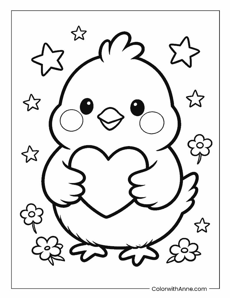 Chick Holding a Big Heart with Stars Coloring Page