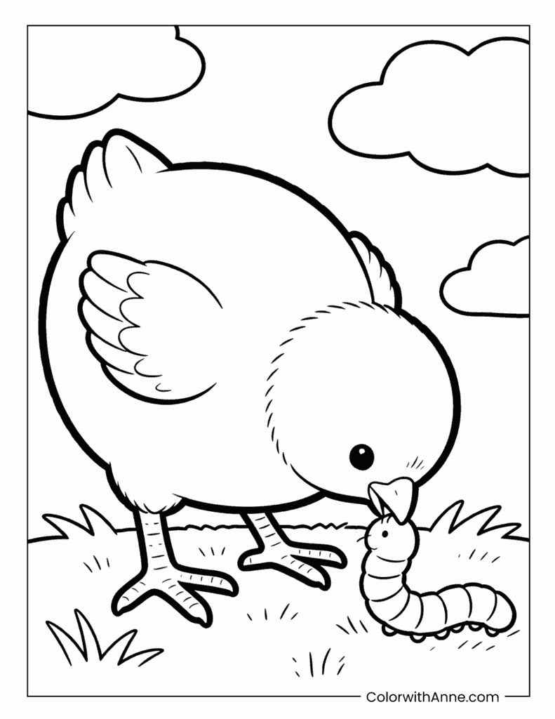 Chick Pecking at a Worm Coloring Page