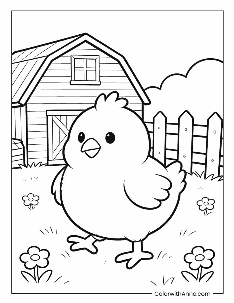 Chick Standing in Front of a Barn Coloring Page